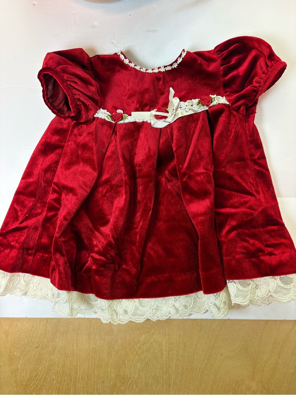 Vintage Infant Toddler Girl Red Velvet & Lace Christmas Holiday Dress 12 Mo